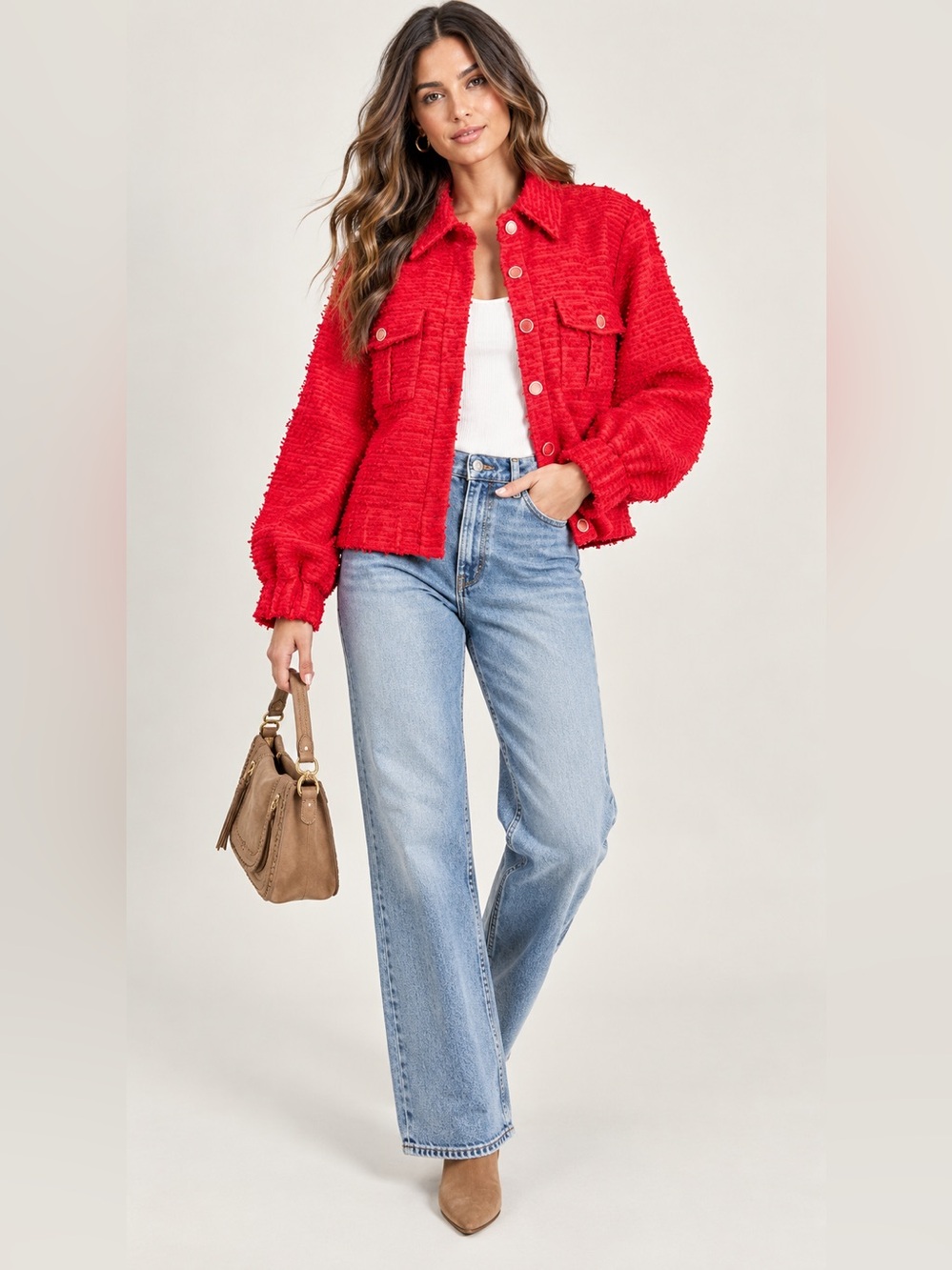 Women's Red Textured Button-Front Jacket